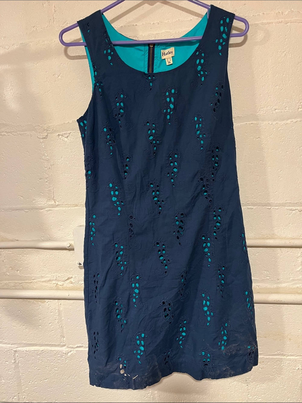Hatley Navy Eyelet Shift Dress with Teal Lining Seahorses Sz 4